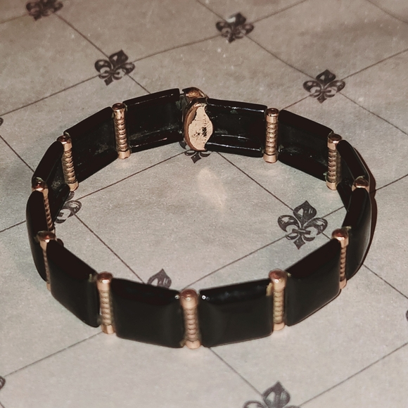Vintage Pat Pending Black Enamel Over Brass  Gold Filled Mourning Wrap Bracelet - Picture 3 of 5